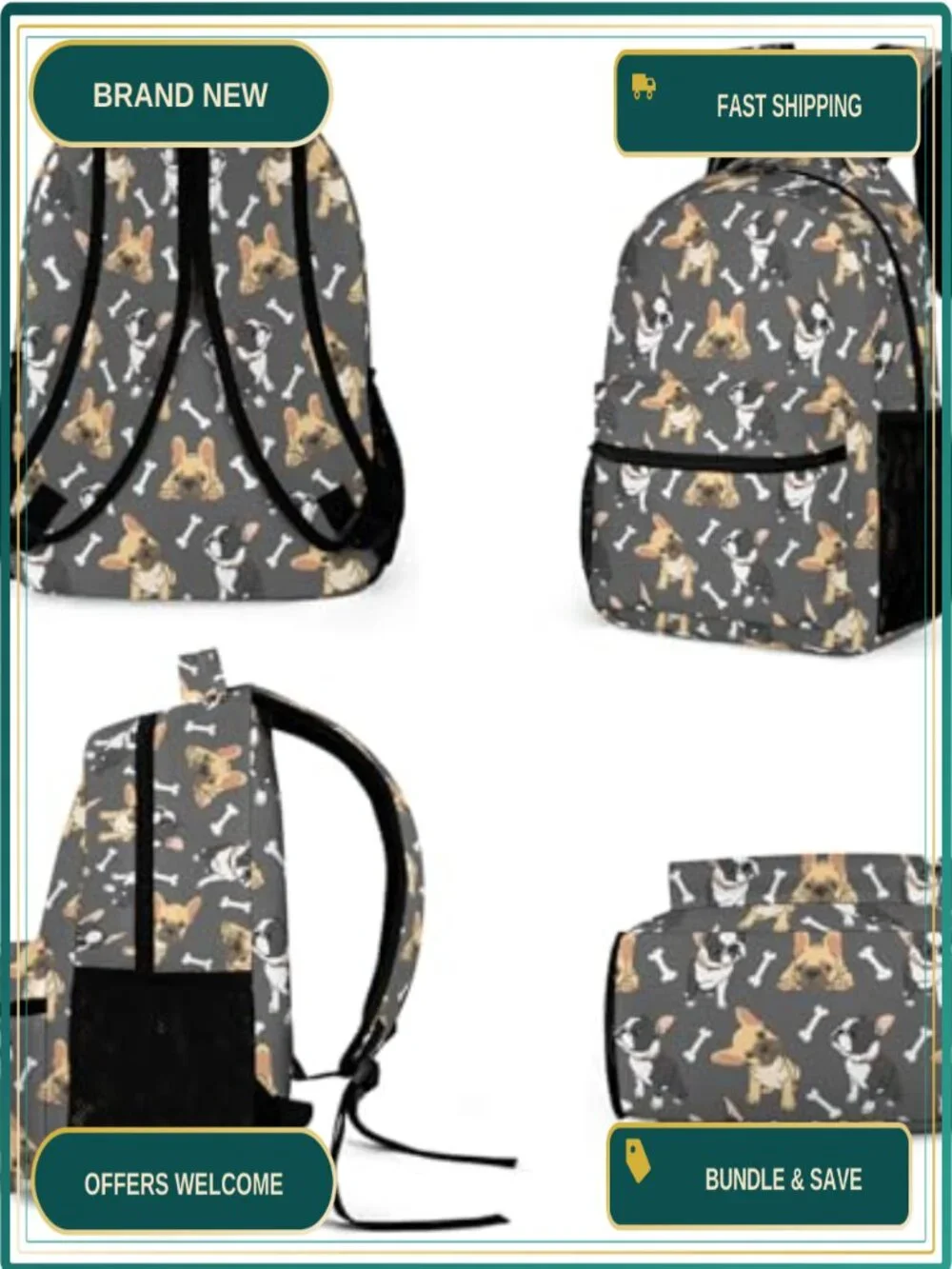 French Bulldog Backpack Set with Lunch Bag & Pencil Case 17in 900D Nylon